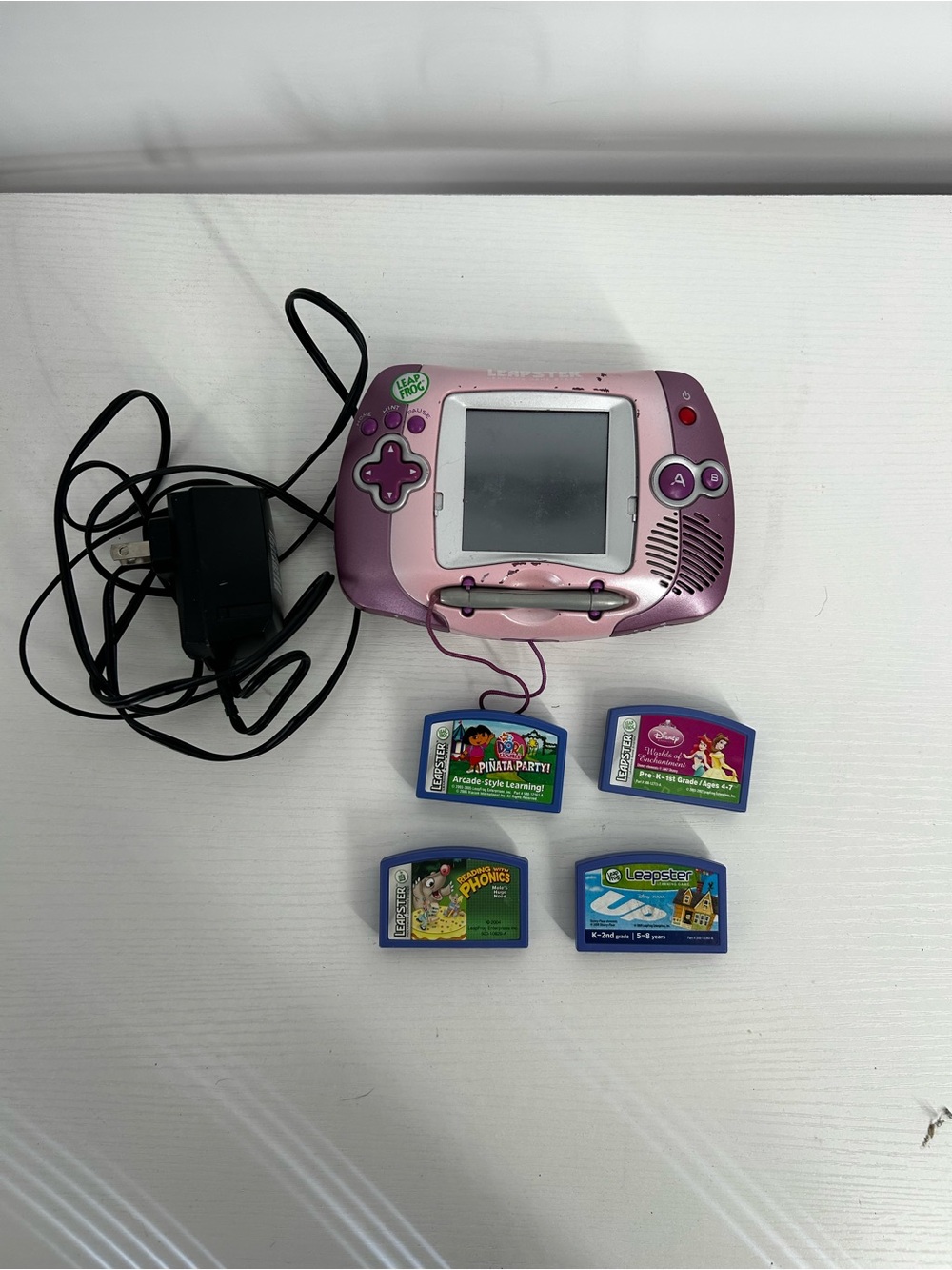 LeapFrog Leapster Learning Game System Console Purple Pink with 4 Games Tested